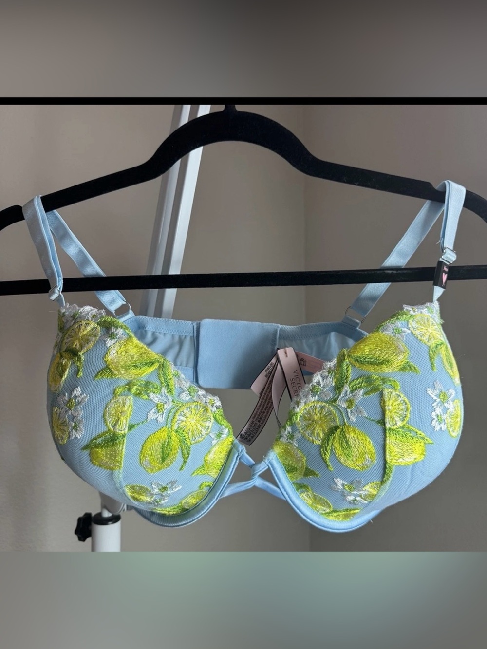 VS Light Blue Underwire Bra with Lime Floral Embroidery